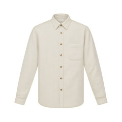 A neutral cream-colored long-sleeve collared button-up shirt featuring brown buttons and a single chest pocket, isolated on transparent background