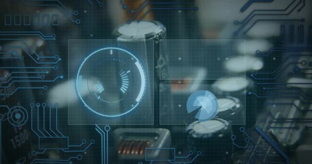 Animation of clock and globe over data processing on purple background - Powered by Adobe