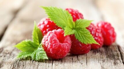 Fresh raspberries placed on a wooden table with green leaves nearby