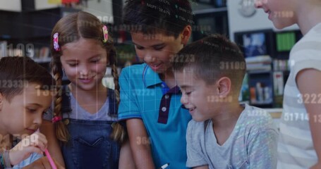 Animation of data processing over diverse schoolchildren using tablets in classroom - Powered by Adobe
