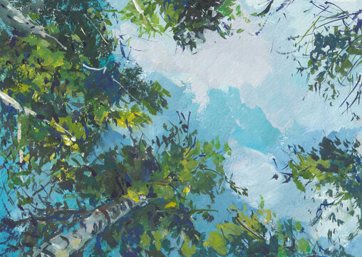 Birch crown sky gouache painting. Bright natural artistic background for postcards and design. The modern art of painting. Hand-drawn illustration. A clear summer day in the park. Tree crowns, clouds