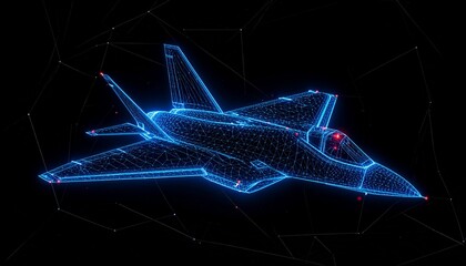 Wireframe fighter jet with glowing blue lines and data nodes