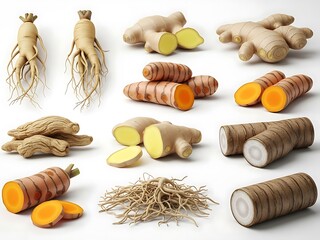 Variety of Root Vegetables and Herbs on a Clean White Backdrop