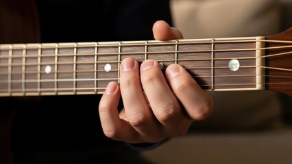 Close-up of a hand pressing guitar strings on a fretboard with white dots.