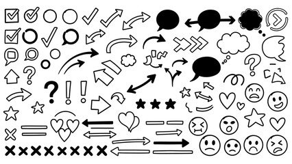 Obraz premium Collection of Hand-Drawn Icons and Symbols: Arrows, Checkmarks, Hearts, Stars, and Emoticons