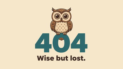 Cartoon Owl 404 Page Not Found Error. Wise but Lost Funny Web Template Illustration.