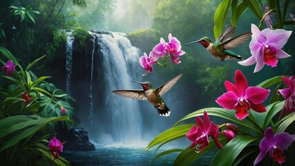 Obraz premium Vibrant hummingbirds hovering near blooming orchids by a serene waterfall in a lush jungle setting