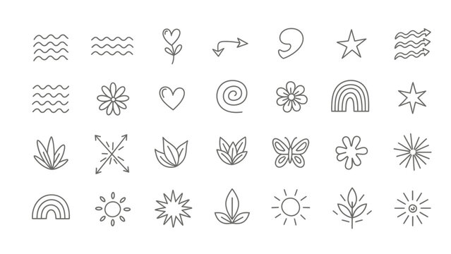 Collection of Hand-Drawn Doodle Icons: Nature, Symbols, and Abstract Elements