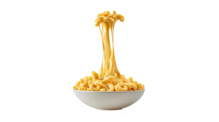 Delicious and creamy macaroni and cheese with an irresistible, long cheese pull in a white bowl