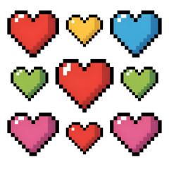 A collection of nine 8-bit heart icons, each distinguished by a unique color palette. Pixelated, classic videogame style hearts floating over a solid black background.