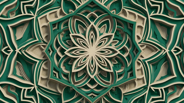 Deeply textured layered papercut pattern in harmonious green and cream, featuring an intricate symmetrical abstract design that embodies a serene and balanced artistic concept