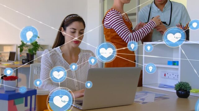 Animation of network of connections with icons over caucasian businesswoman using vr headset