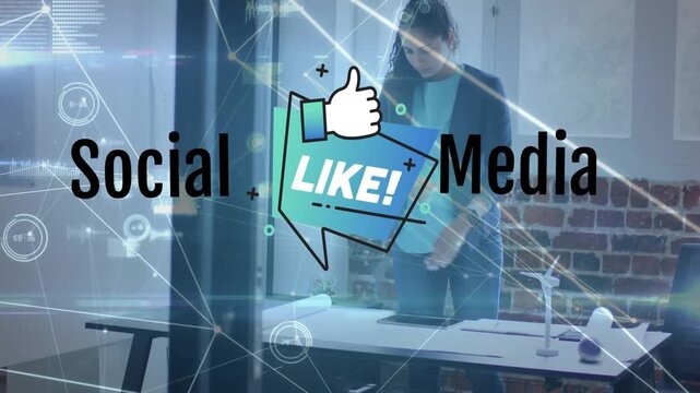 Animation of like icons and dots connecting with lines over woman using digital pc in office