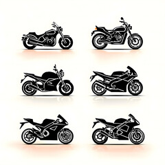 Obraz premium Six distinct motorcycle vehicle silhouettes with reflections on a neutral background