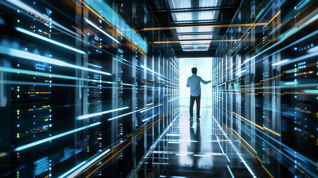 Person stands in futuristic data center hallway with glowing lines
