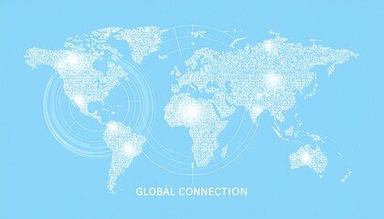 Stylized world map with data nodes and wave patterns