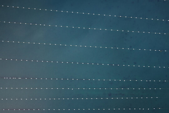 Aerial view of parallel lines stretch across the tranquil Fusaro Lake, their white points contrasting with the deep blue water, Bacoli, Campania, Italy.