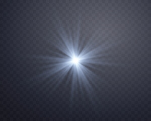 Blue sunlight lens flare, sun flash with rays and spotlight. Glowing burst explosion on a transparent background. Vector illustration.