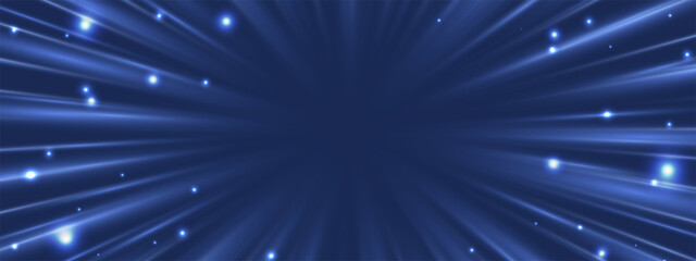 Fototapeta premium Radial speed rays, light neon flow, zoom in motion effect, blue glow speed lines, colorful light trails, perspective stripes Abstract background, vector illustration.