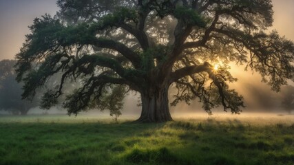 Obraz premium Majestic oak tree standing in a misty field at sunrise, casting long shadows across the grass
