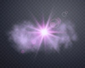 Pink sunlight lens flare in cloud, sun flash with rays and spotlight. Pink glowing burst explosion on a transparent background. Vector illustration.
