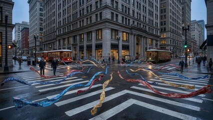 Vibrant City Street Scene with Moving Light Trails