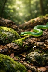 Obraz premium Green snake on mossy log in forest, natural habitat, vibrant wildlife