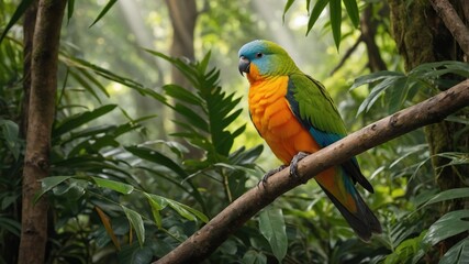 Obraz premium Vibrant parrot perched on a branch in a lush tropical rainforest with dappled sunlight filtering through