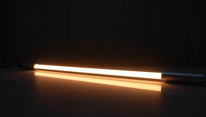 linear light tube casting warm illumination on a reflective surface against a dark background for interior design or ambiance enhancement