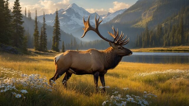 Majestic elk standing in a vibrant meadow with wildflowers, mountains in the background at sunset