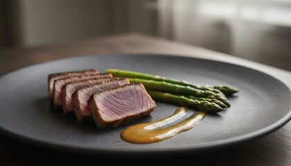Seared rare tuna steak slices with green asparagus spears and creamy sauce serving on a dark ceramic plate, presenting an elegant and healthy gourmet meal