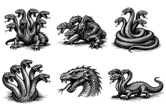 Intricate mythical hydra creatures in vintage engraving style