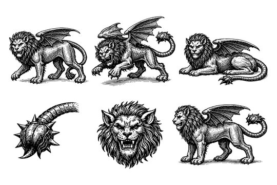 Mythical winged lion creatures: vintage fantasy beast designs in detailed ink art