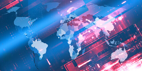 World map background overlayed with digital tech grids. © Zulfugar Karimov
