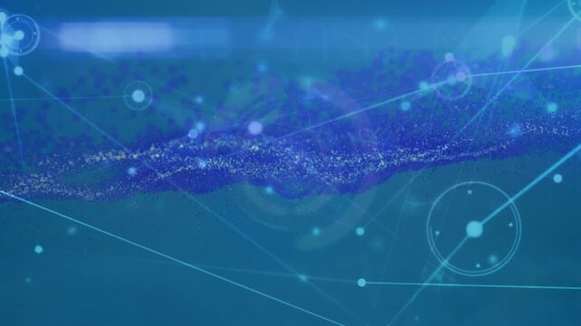 Animation of network of connections over digital wave and round scanner against blue background