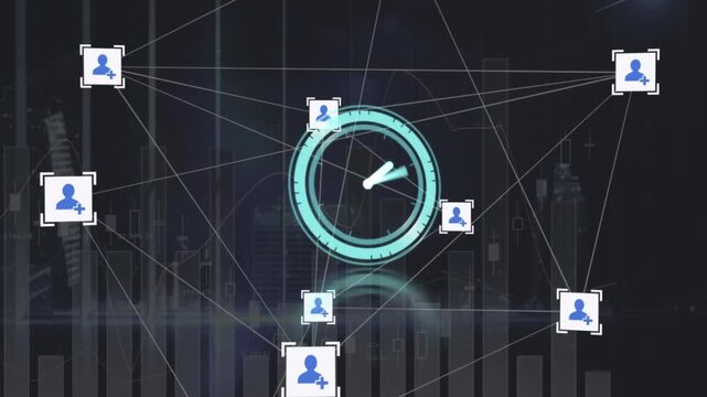 Animation of network of profile icon and neon ticking clock against statistical data processing