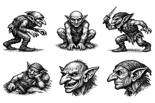 Detailed ink drawings of goblins in various poses and expressions