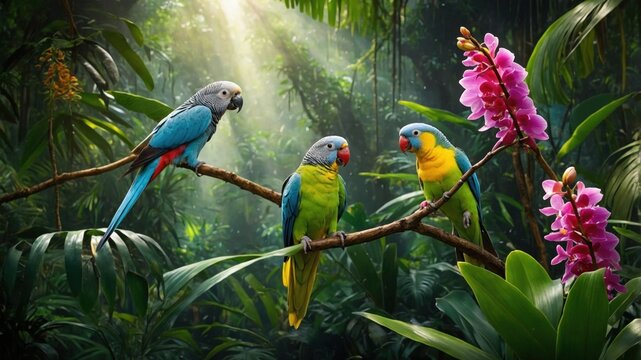 Vibrant parrots perched on a branch amidst lush greenery and blooming orchids in a tropical rainforest