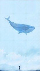 A large blue whale is flying over a small child.