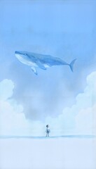 A large blue whale is flying over a small child.