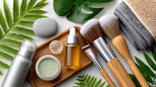 flat lay of cosmetic testers, brushes and skincare products on store counter, retail display, beauty and personal care concept, modern cosmetics store interior