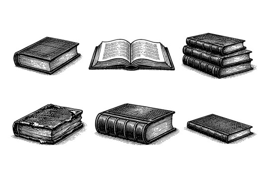 Vintage etched book collection on white background