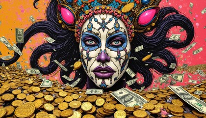 A painting of a woman's face surrounded by money.