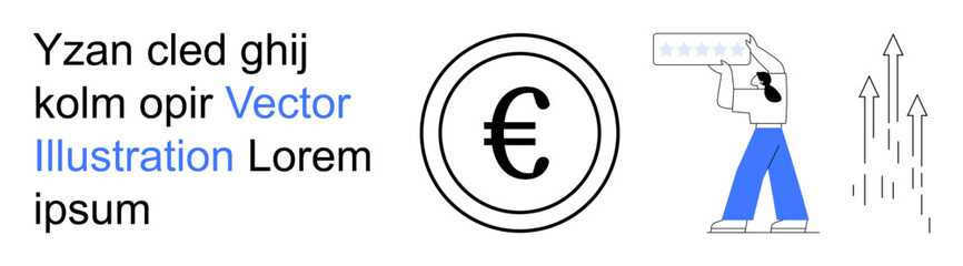 Financial analysis, digital economy, Euro currency, market growth, business success, customer feedback. Euro symbol, person holding rating board arrows pointing upward. Financial analysis