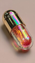 Hyper-realistic 3D render of a futuristic gold and glass capsule with an iridescent liquid core. Ideal for medical tech blogs, pharmaceutical sites, and futuristic wellness topics.