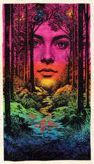 A psychedelic painting of a forest forming a face in retro style
