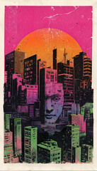 A psychedelic painting of a face in a cityscape in retro style