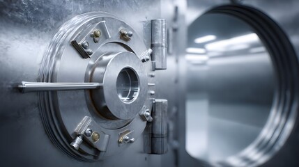 Close-up of a high-security stainless steel safe door with locking mechanism and intricate locking bolts on metal vault