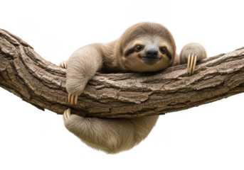 Relaxed sloth resting on a tree branch with a calm expression isolated on transparent background