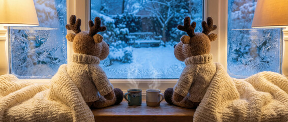 Two knit reindeer toys sit at a frozen window with steaming mugs. Cozy Christmas or Winter holiday scene for greeting card.